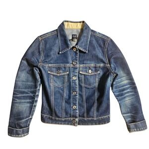 Gap Womens Denim Trucker Jacket S Dark Wash Button Front Cotton Blend Streetwear
